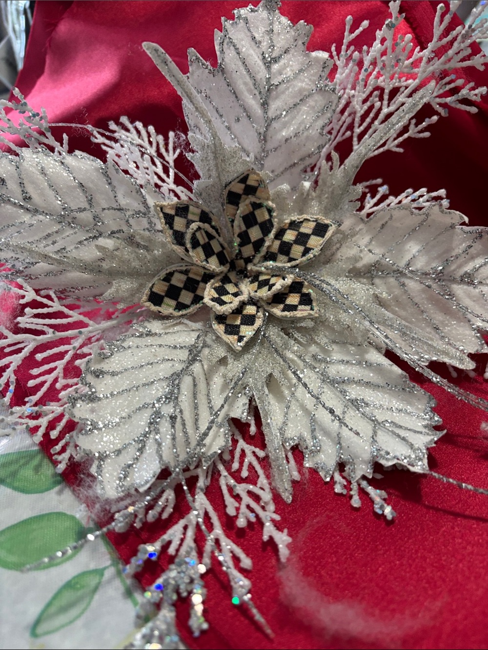 Mackenzie-Childs Courtly Check Poinsettia with silver and white glitter flower